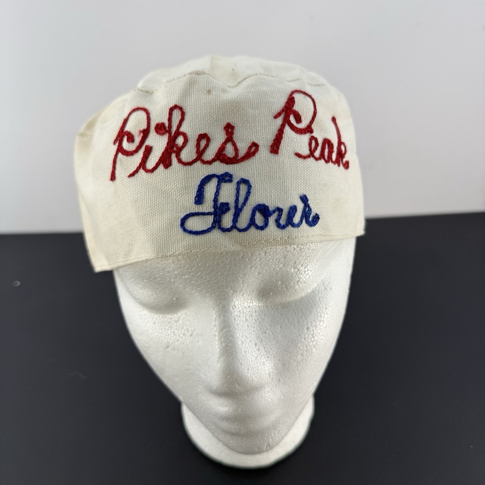 Vintage Pikes Peak Flour Advertising Cap Hand Embroidered Bakery Feed Sack Hat